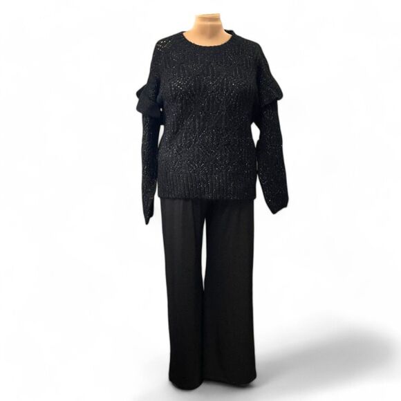 OLD NAVY Ruffle-Trim Pointelle-Knit Sweater Size XL in Black Jack Shimmer - Picture 3 of 7